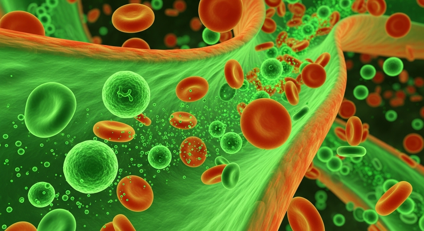 혈액순환 개선과 해독 과정을 시각적으로 표현한 세포 이미지.