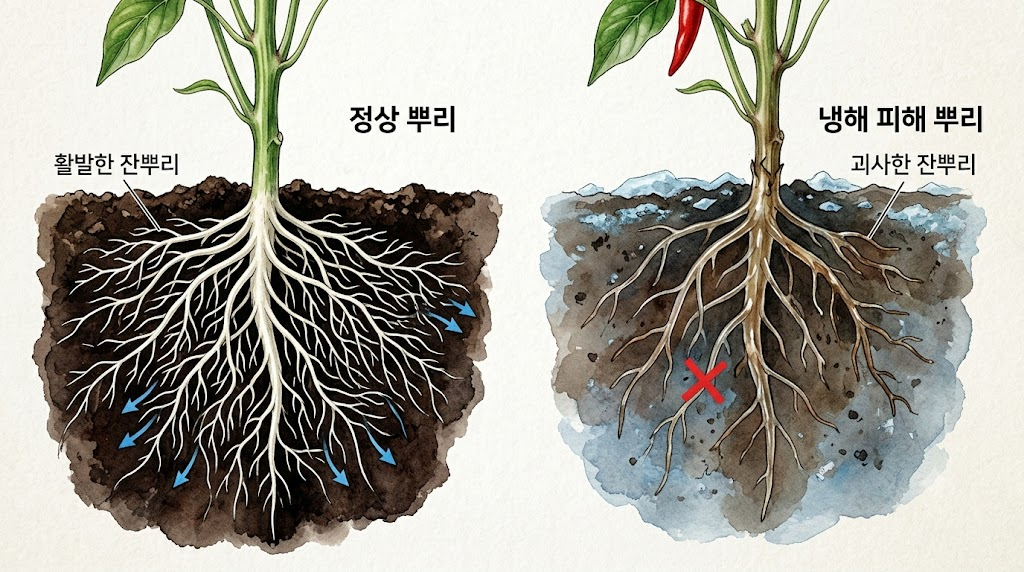 고추 모종 뿌리의 정상 상태와 냉해 피해 상태를 대조하여 보여주는 판정 인포그래픽