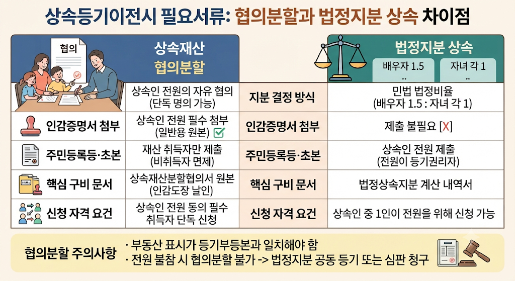 상속등기이전시 필요서류 협의분할과 법정지분 상속 차이점