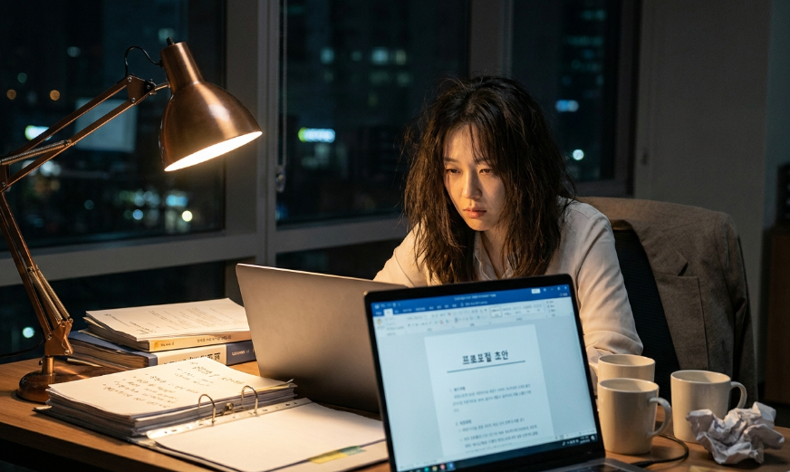 사회복지사가 노트북 앞에서 고뇌하며 서류를 검토하는 모습