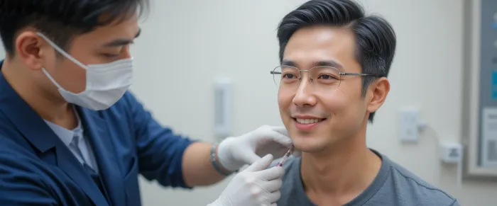 어깨에 DNA 주사를 맞고 있는 남성의 모습