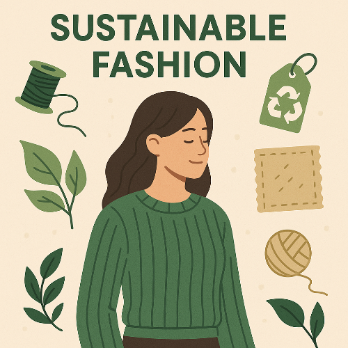 초록색 니트를 입은 여성이 눈을 감고 서 있으며, 주변에는 나뭇잎, 재활용 태그, 실타래, 천 조각 등의 아이콘이 배치된 일러스트