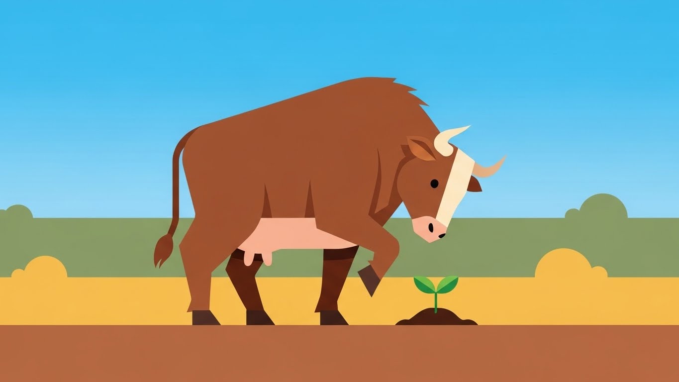 성실하게 새싹을 심으며 결실을 준비하는 소띠 캐릭터 일러스트