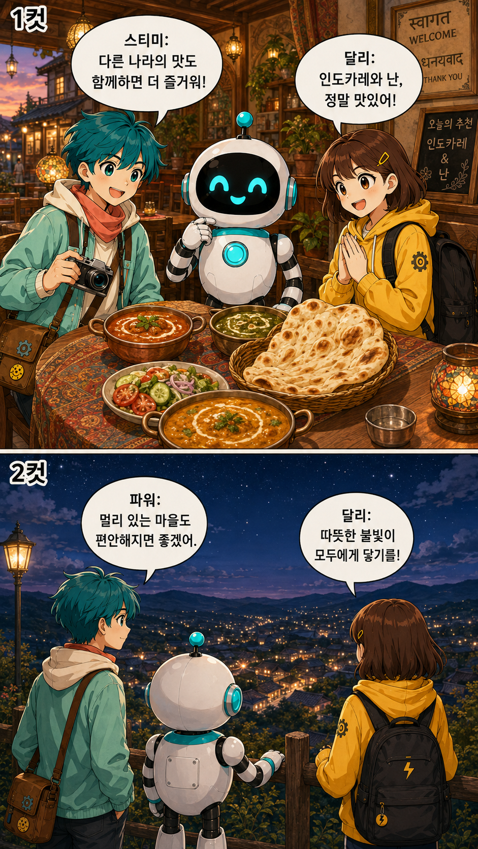 일본에서 먹는 인도카레와 난을 즐긴 뒤 멀리 마을 불빛을 바라보는 스티미, 파워, 달리의 웹툰 장면