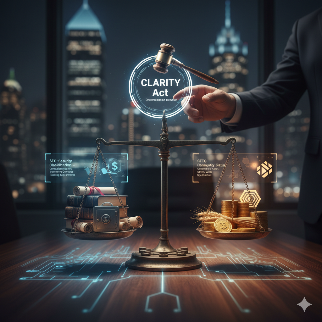 어두운 도시 야경을 배경으로 실물 저울이 놓인 책상 위의 모습이에요. 저울 왼쪽 접시에는 법전과 금고가, 오른쪽 접시에는 금화와 밀 이삭이 놓여 있으며 그 위로 SEC(증권)와 CFTC(상품)를 설명하는 홀로그램 인터페이스가 떠 있어요. 중앙에는 판사봉과 함께 CLARITY Act 문구가 빛나고 있고 한 남성의 손이 이를 조절하는 듯한 연출이 담긴 사실적인 이미지에요.