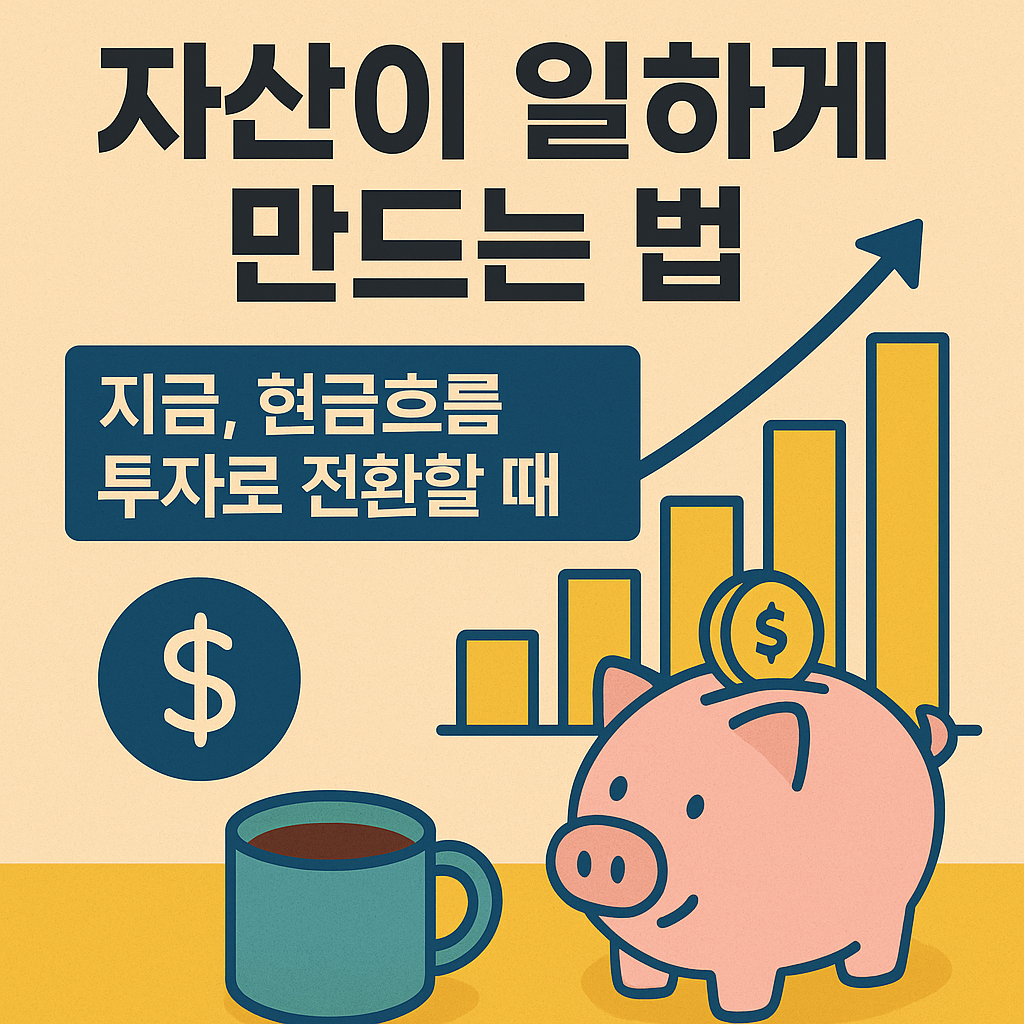 현금흐름 중심 투자를 소개하는 썸네일 &ndash; 돼지저금통, 상승 그래프, 달러 아이콘, 커피잔이 포함된 플랫 스타일 금융 일러스트