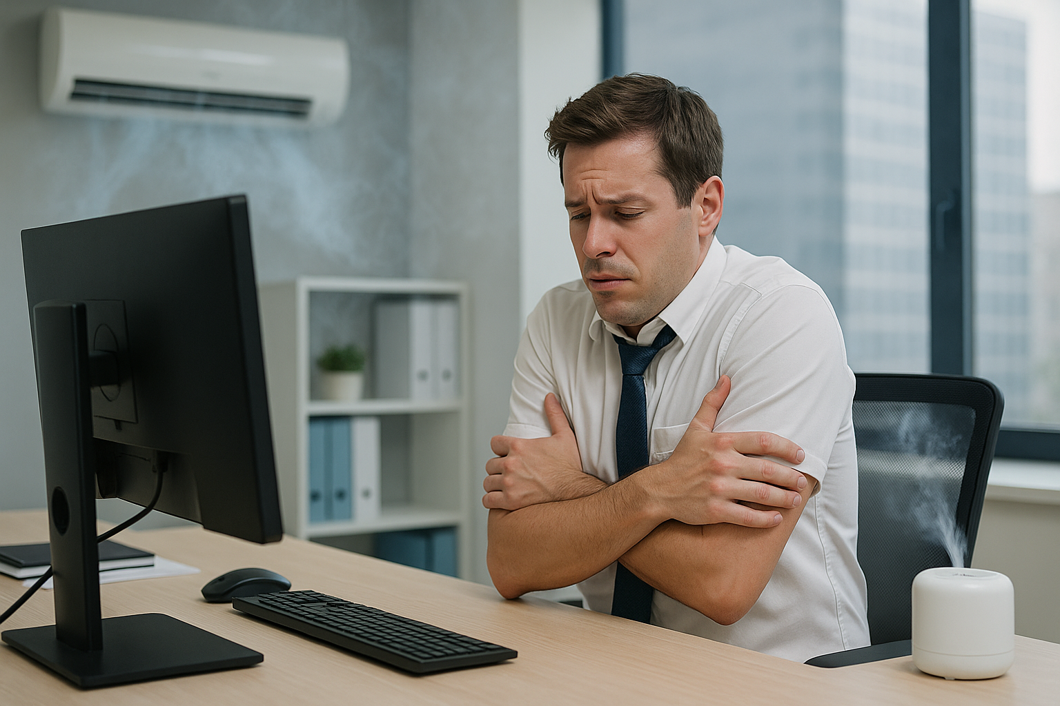 무더운 여름철 냉방병에 걸린 모습