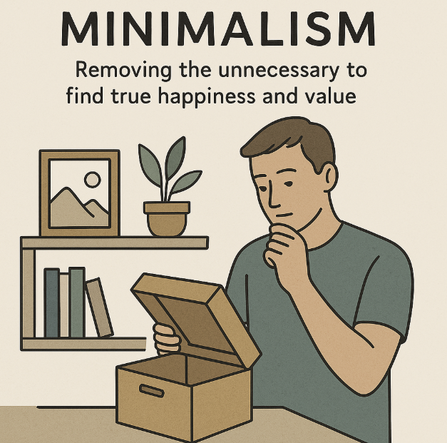 미니멀리즘을 주제로 한 일러스트. 한 남성이 생각에 잠긴 채 상자를 열어보고 있고, 배경에는 책과 화분, 산 그림이 있는 선반이 있다. 상단에는 &quot;MINIMALISM - Removing the unnecessary to find true happiness and value&quot;라는 문구가 적혀 있다.
