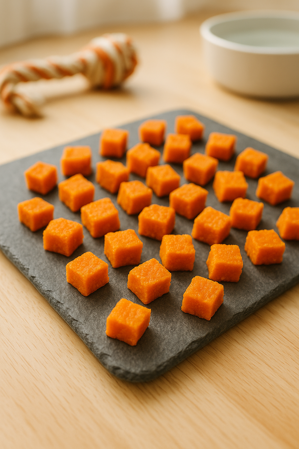 베타카로틴이 폭탄처럼 들어있는 '고구마 당근 트릿'이 트레이위에 올려진채 식혀지고 있는 모습