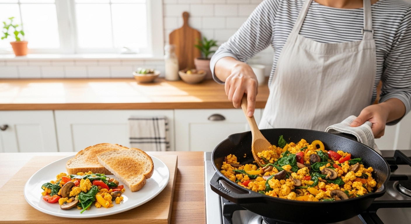 다채로운 채소와 함께 조리된 두부 스크램블, 40대 한국 여성이 건강한 아침 식사를 준비하는 주방 풍경.