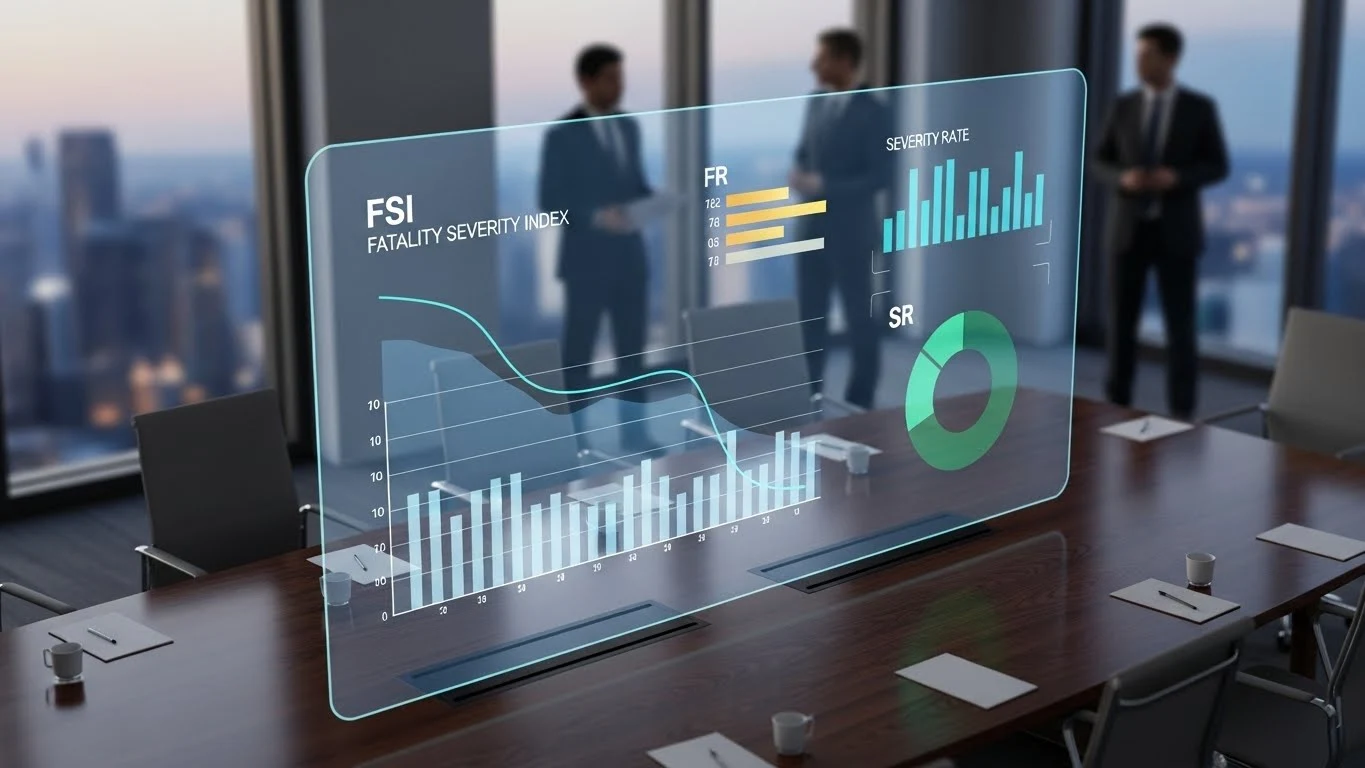 경영진이 리스크 관리를 위해 도수율(FR), 강도율(SR), 종합재해지수(FSI)가 표시된 홀로그램 디스플레이의 산업안전 데이터를 분석하고 있는 모습.