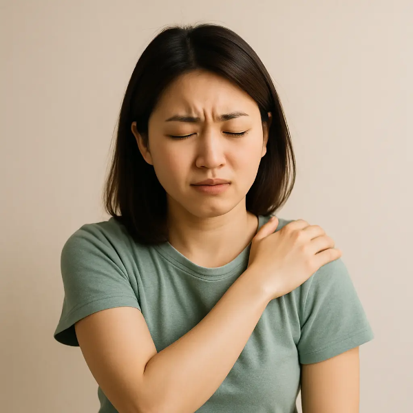 피로한 표정으로 어깨를 움켜쥐고 있는 한국인 여성, 비타민D 부족으로 인한 근육통과 피로감을 표현한 이미지