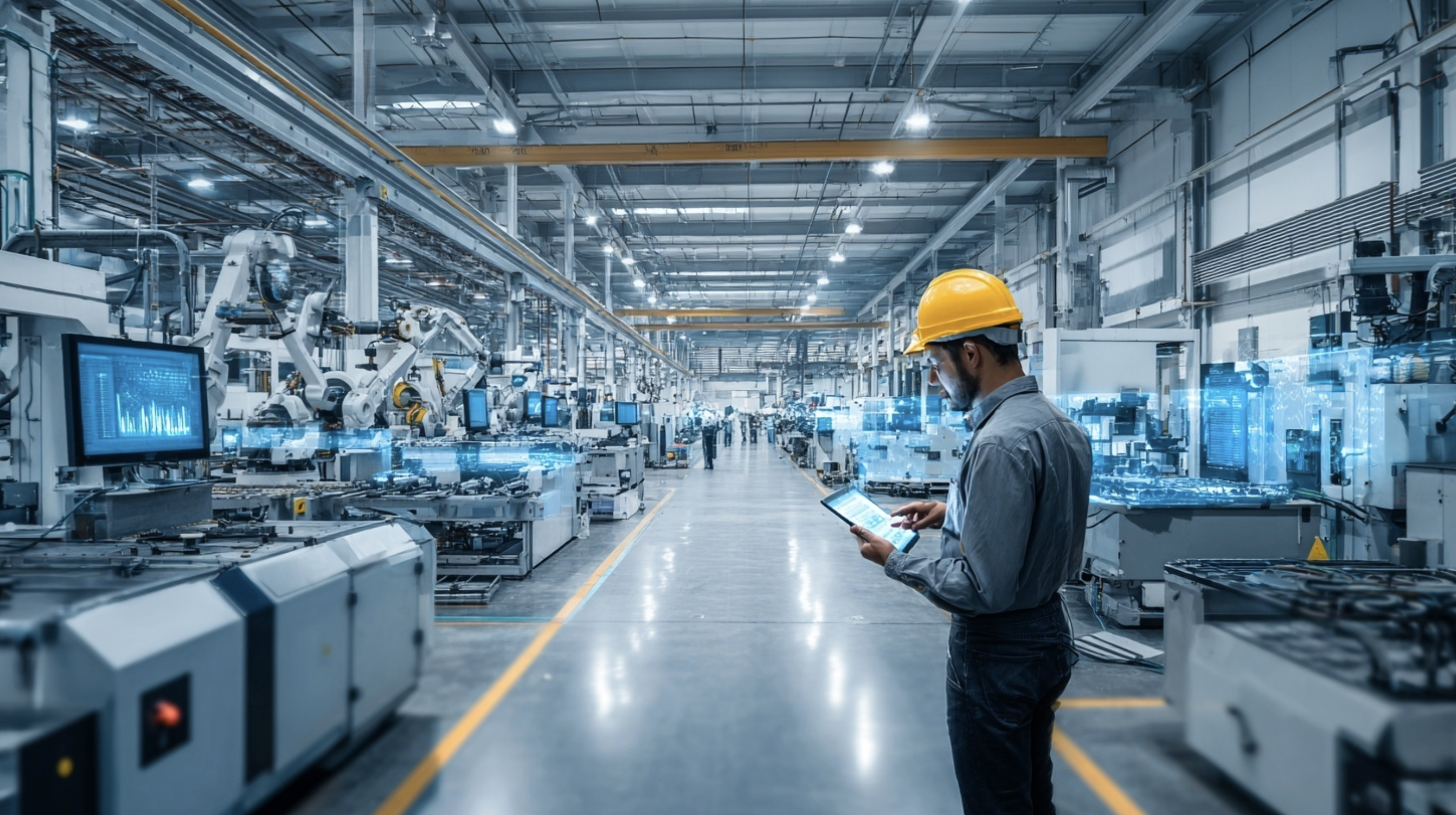 현대적인 스마트 팩토리에서 AI 기반 품질관리 시스템이 운영되는 모습. 다양한 센서가 부착된 제조 장비와 실시간 데이터를 분석하는 모니터링 시스템, 그리고 태블릿으로 AI 분석 결과를 확인하는 엔지니어들의 모습이 담긴 첨단 생산 현장.