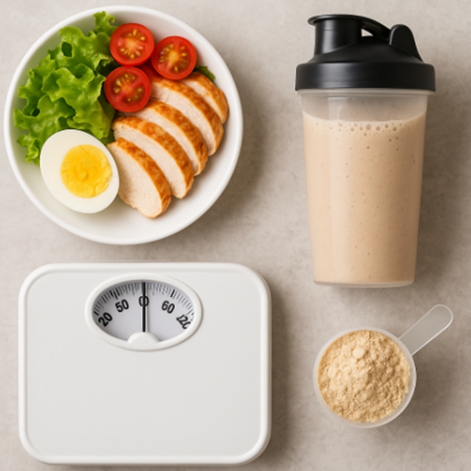 하루 식단 구성과 단백질 보충제 컵