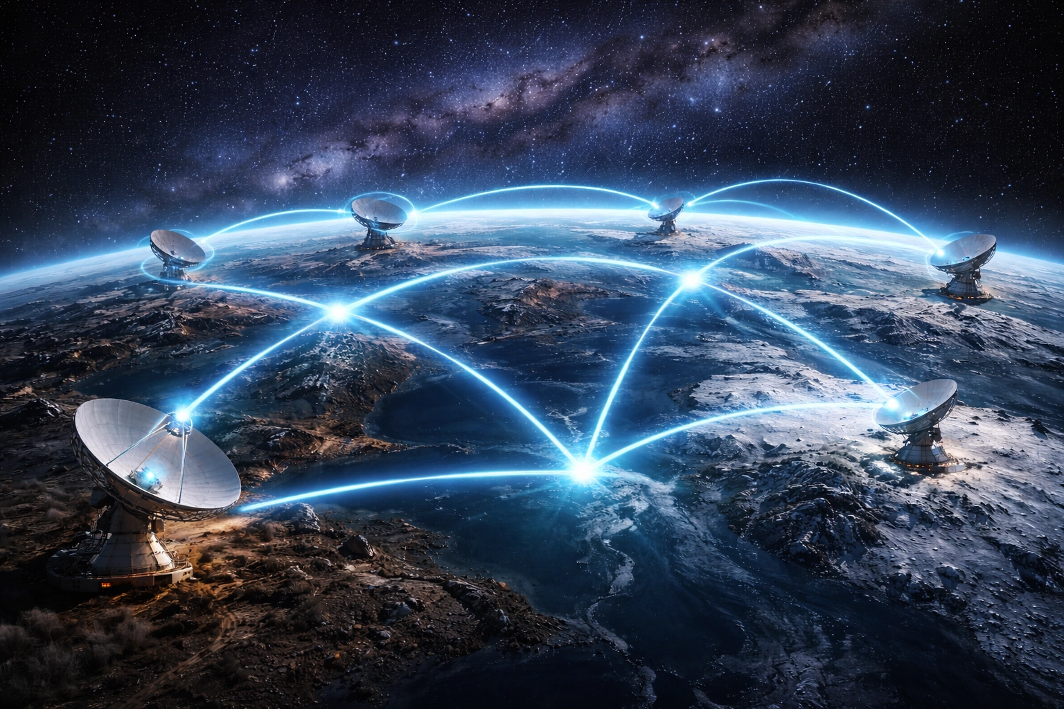 [AI 생성] 전 세계에 분산된 전파망원경들이 간섭계로 연결된 모습을 표현한 이미지