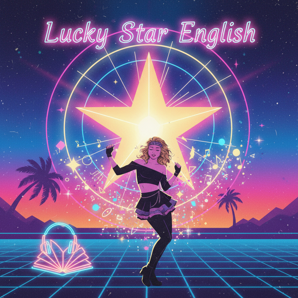 80년대 레트로 스타일의 마돈나 "Lucky Star" 앨범 커버를 배경으로, 반짝이는 별과 함께 영어를 공부하는 즐거운 모습