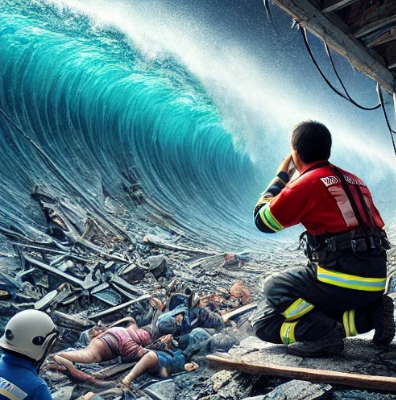 지진으로 해일이 밀려오는 상황