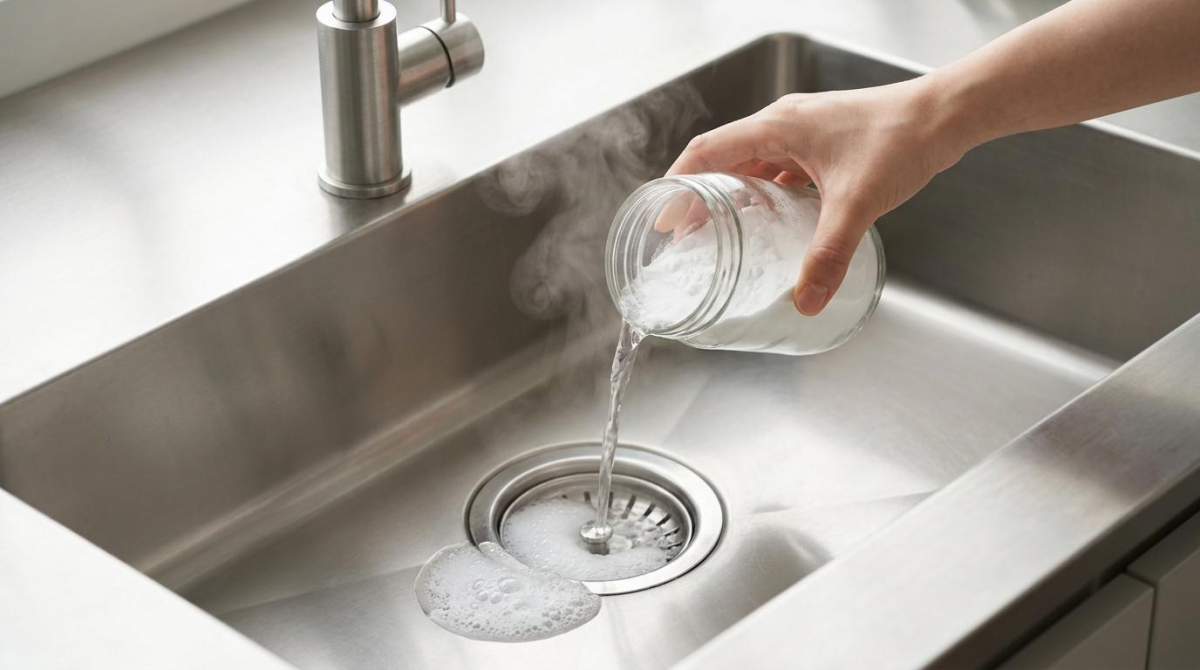 베이킹소다와 뜨거운 물을 이용한 주방 배수구 살균 모습