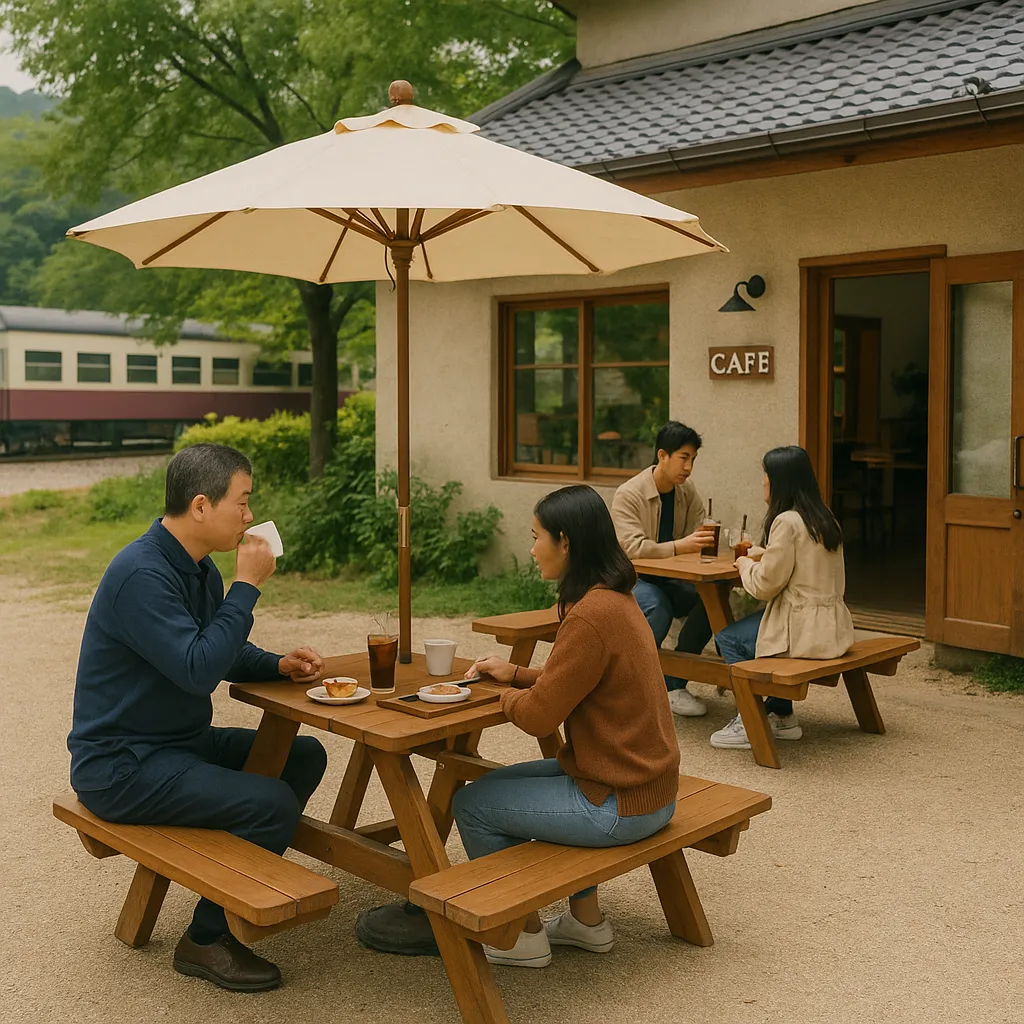 기차마을 인근 감성 카페 야외 테이블에서 커피와 디저트를 즐기는 사람들