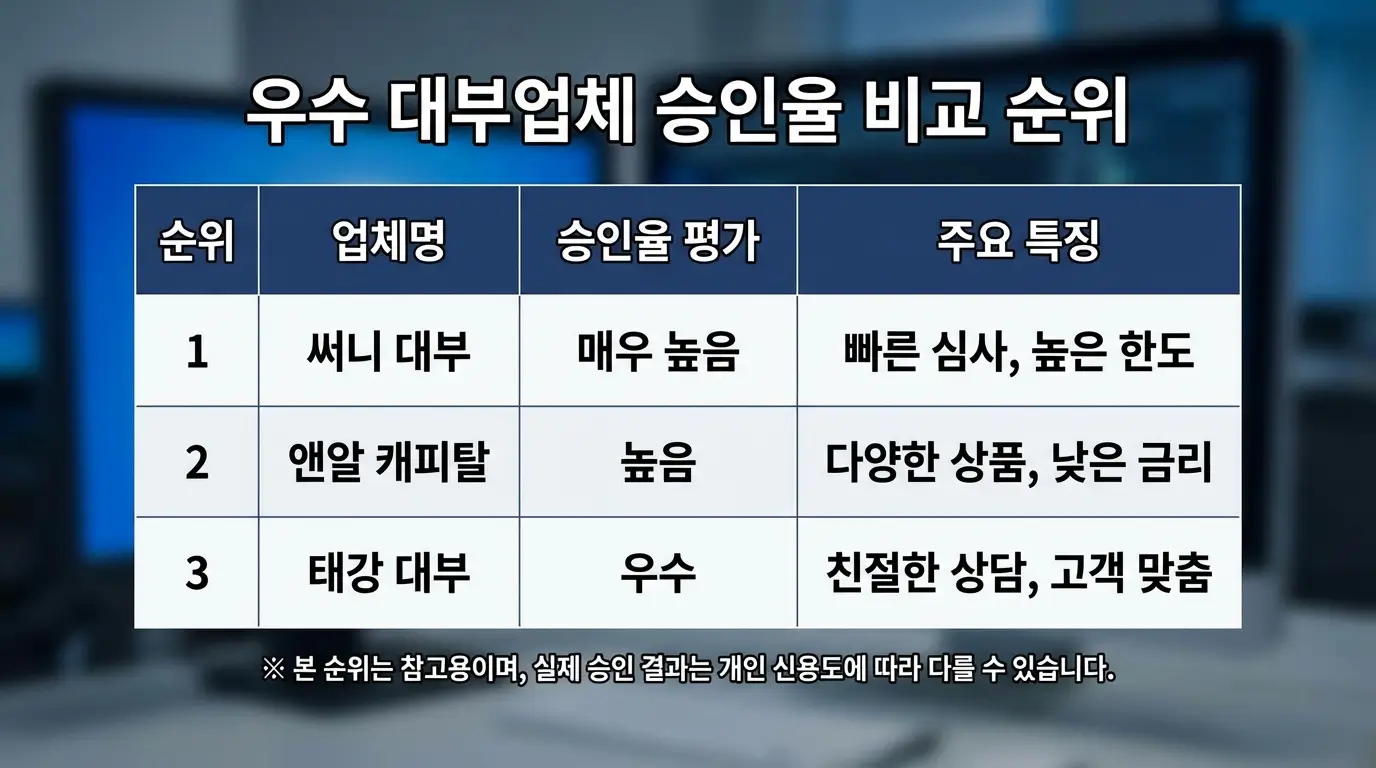 써니 대부 외에도 승인율이 좋은 앤알 캐피탈, 태강 대부 등 우수 대부업체 순위를 비교하는 표