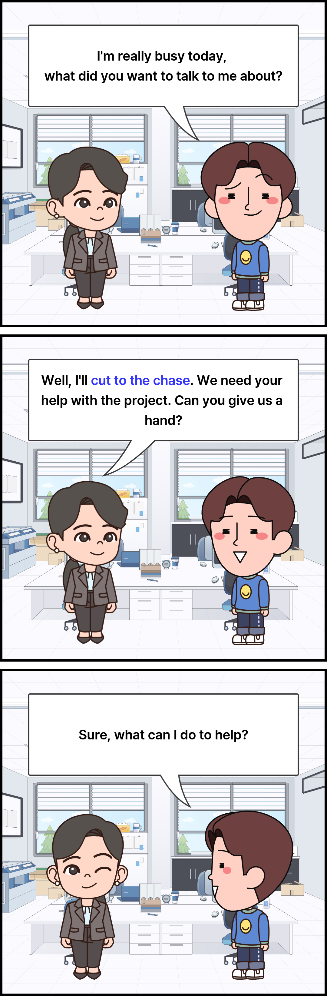 cut to the chase 표현 만화 (대화)