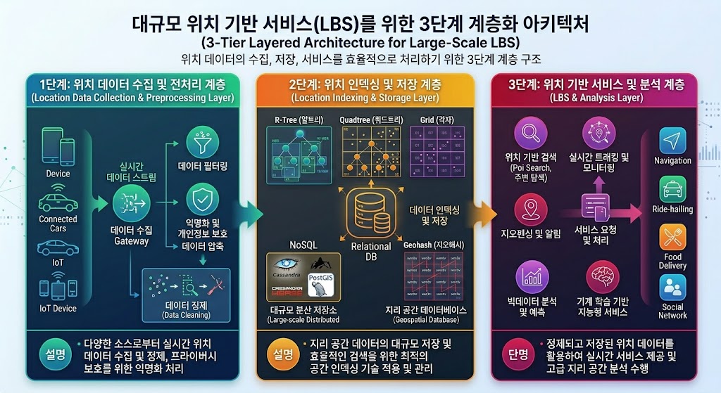 Redis(Hot-Key 캐싱), Kafka(이벤트 스트리밍), PostGIS(영구 저장 및 공간 쿼리)가 결합된 실시간 데이터 파이프라인.