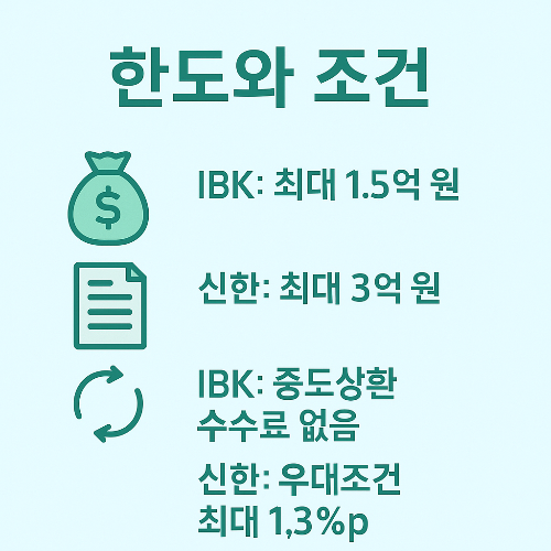 기업은행과 신한은행 대출의 한도와 조건을 비교하는 인포그래픽으로 IBK 최대 1.5억 원, 신한 최대 3억 원, 중도상환 수수료 및 우대조건 차이를 설명한 자료