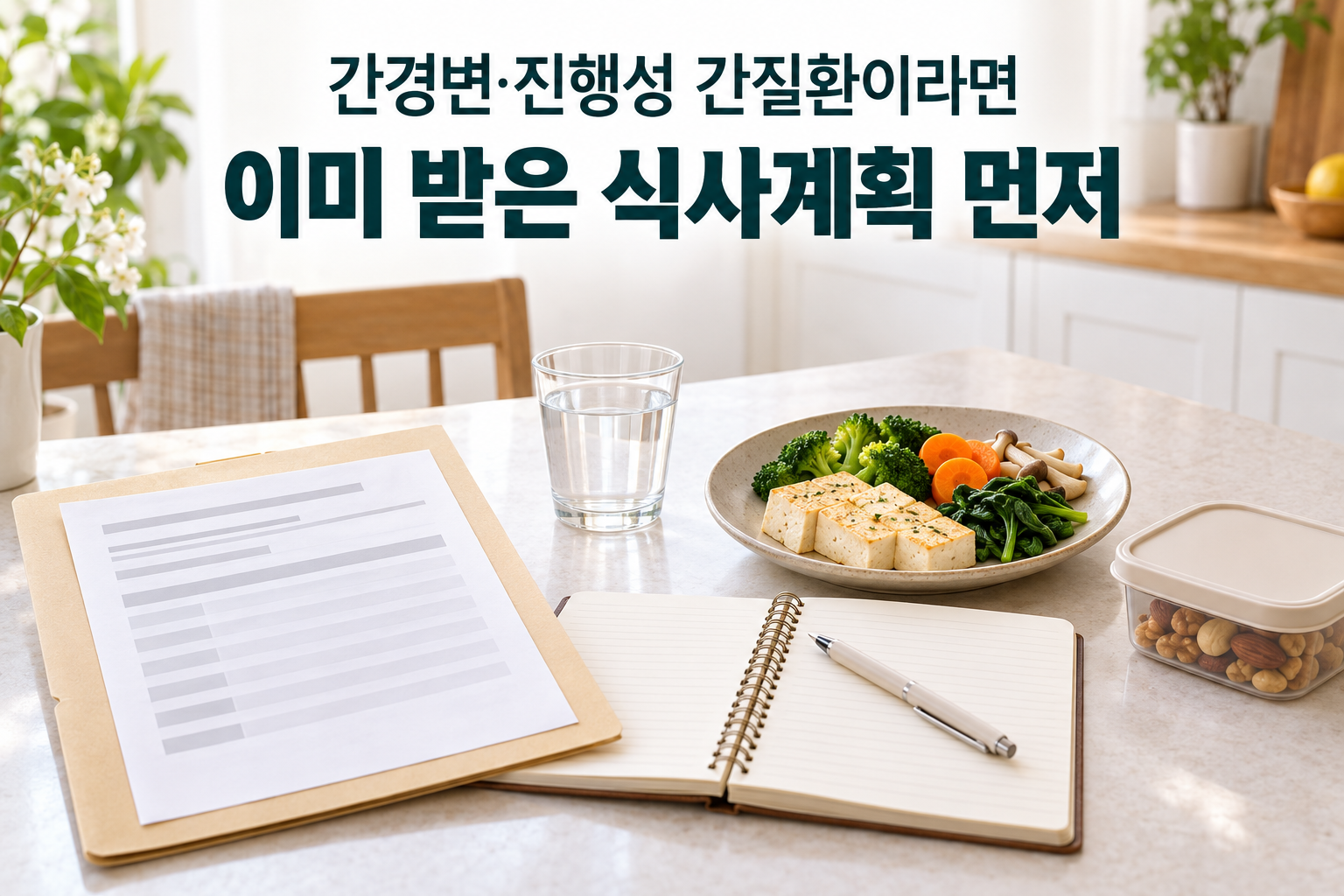 이미 받은 식사계획과 끼니&middot;음료&middot;간식 기록 노트를 음식 옆에 놓고 확인하는 장면