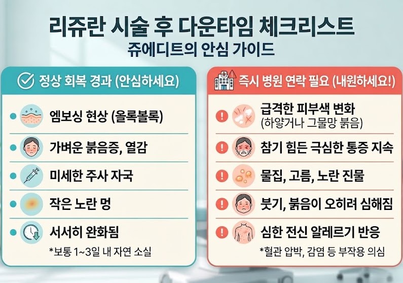 "리쥬란 시술 후 다운타임 체크리스트" 타이틀과 함께 정상 회복 경과 및 즉시 병원 연락이 필요한 주의 사항을 대조하여 보여주는 체크리스트 이미지입니다.