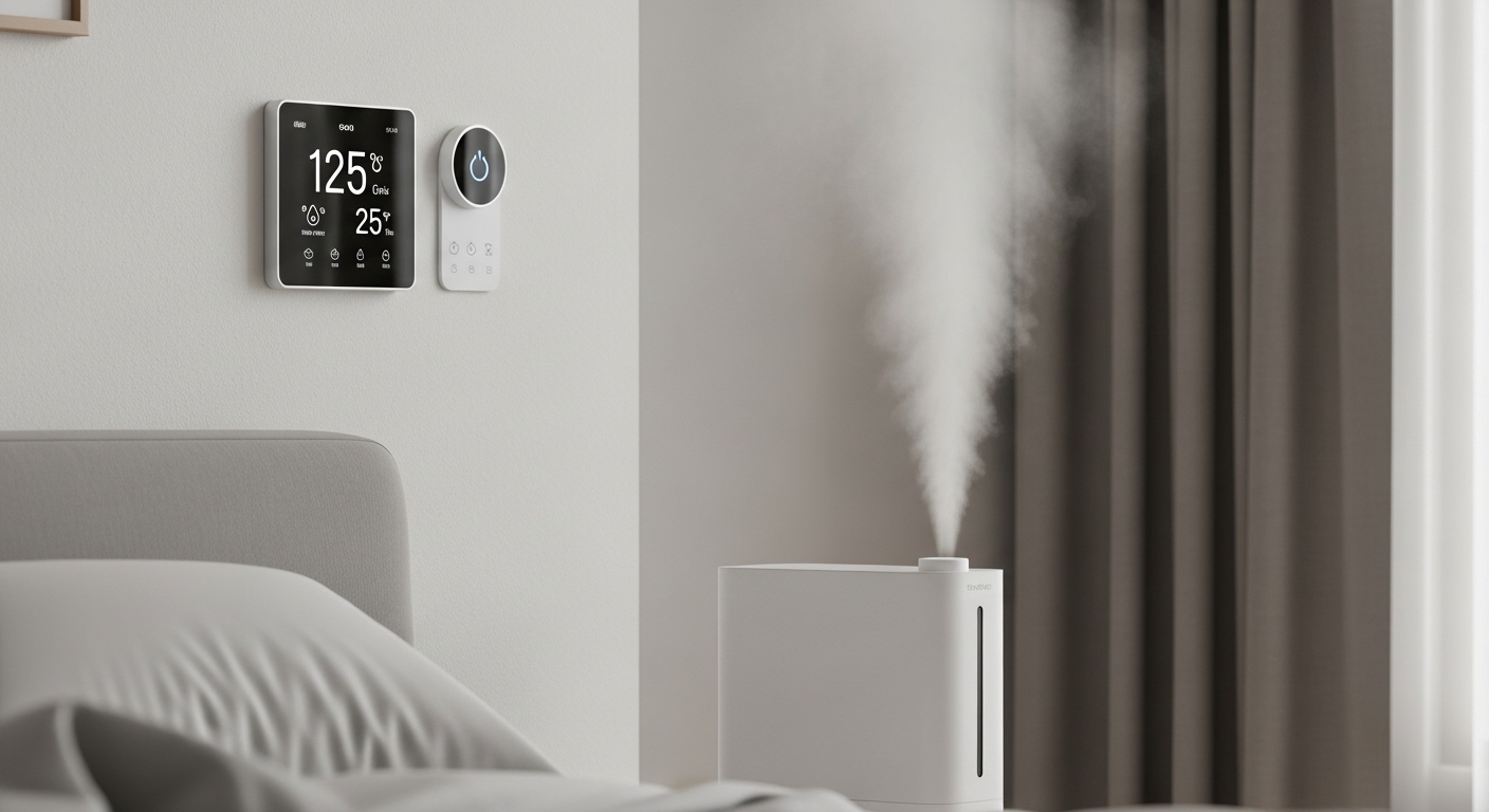 최적의 온도와 습도를 나타내는 스마트 온도 조절기와 가습기가 작동 중인 쾌적하고 현대적인 한국 침실.