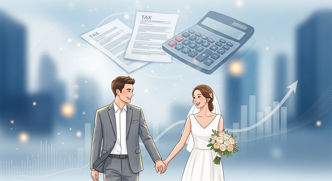 행복하게 손잡은 신혼부부가 결혼 세액공제 혜택을 통해 재정 계획을 세우는 모습, 로맨틱한 분위기와 세금 서류의 조화.