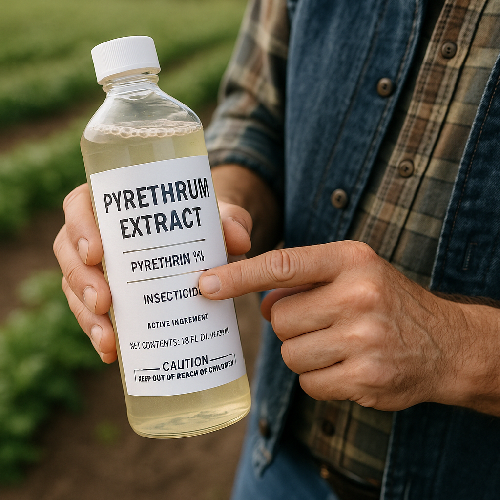 제충국 추출물 병을 들고 라벨의 피레트린 함량 정보를 확인하는 농업인의 손