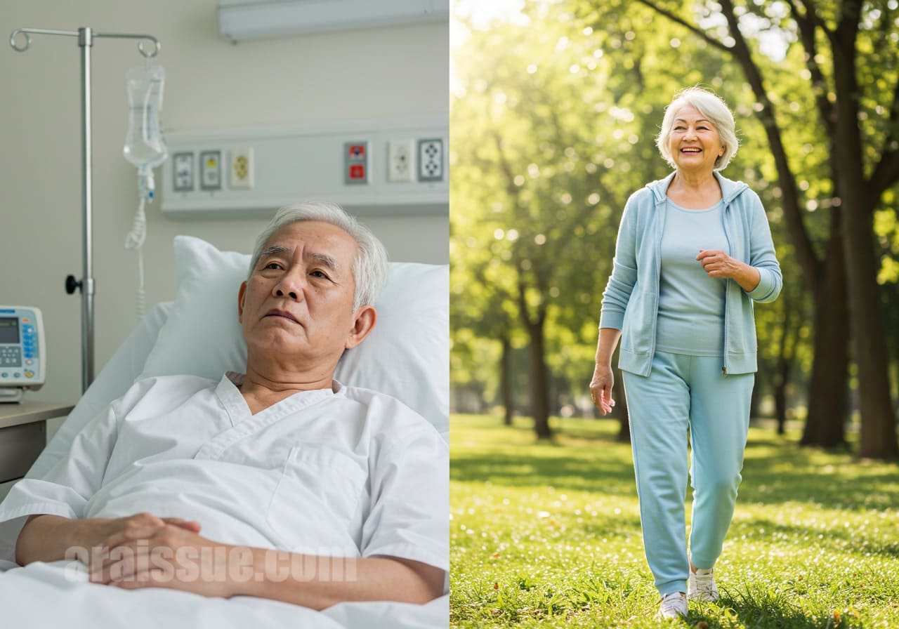 왼쪽엔 병원 침대에 누운 고령 남성, 오른쪽엔 공원에서 산책하는 건강한 고령 여성이 있는 대비 이미지. 예방과 치료의 차이를 극명하게 보여주는 구조다.