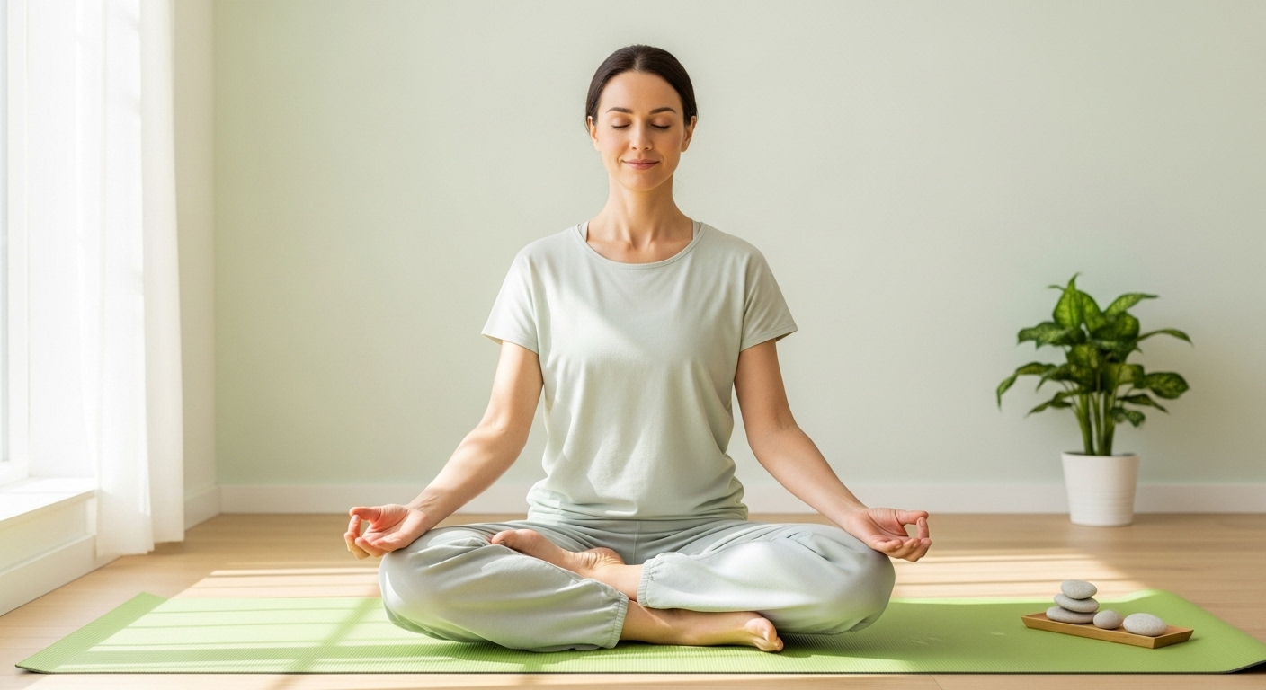 밝고 깔끔한 공간에서 평화롭게 명상하는 사람의 모습, 내면의 평온함을 표현합니다.