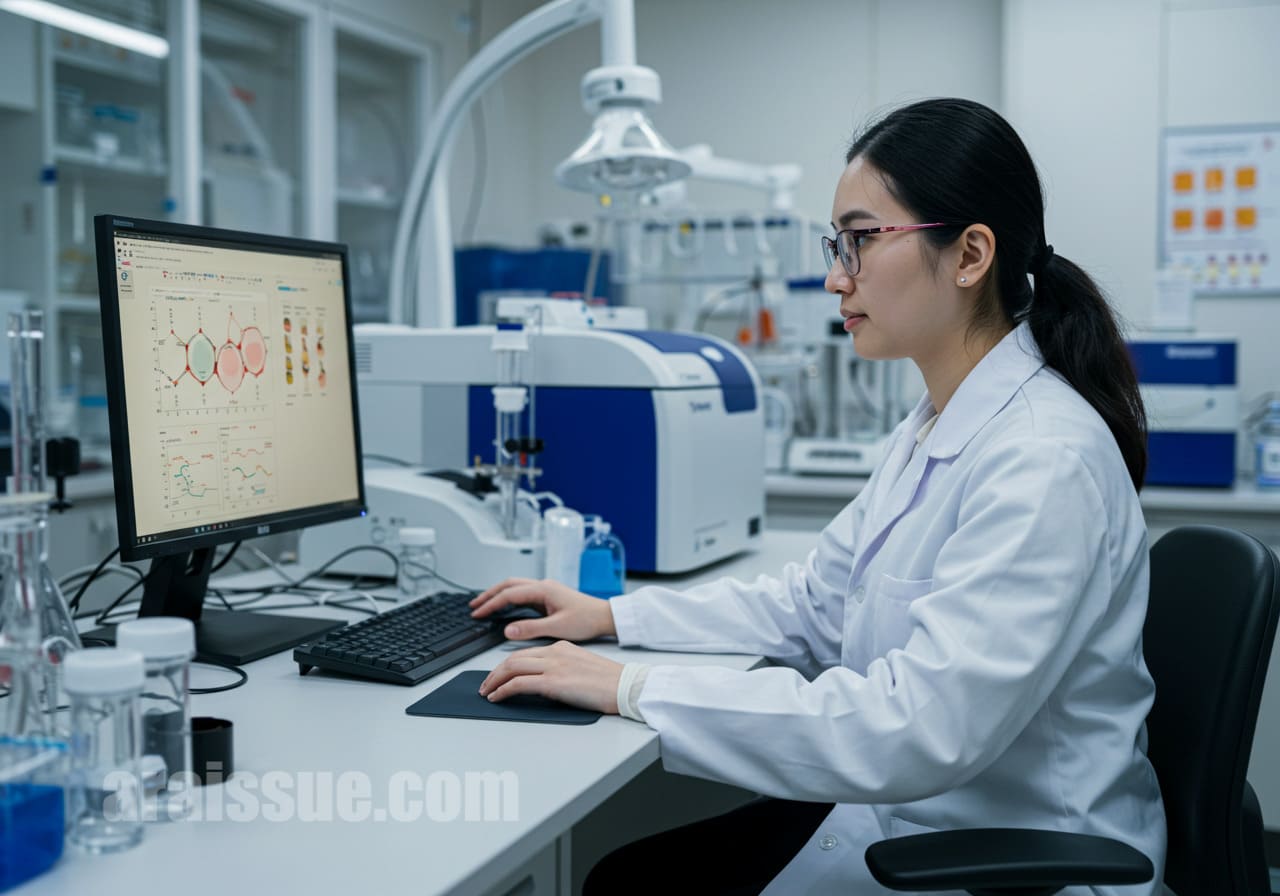 자궁근종 치료에 대한 최신 연구 데이터를 분석하는 외국인 연구원. 고급 의료 장비를 사용하여 연구 결과를 분석하는 모습. 연구실은 현대적이고 첨단 장비로 가득 차 있다.