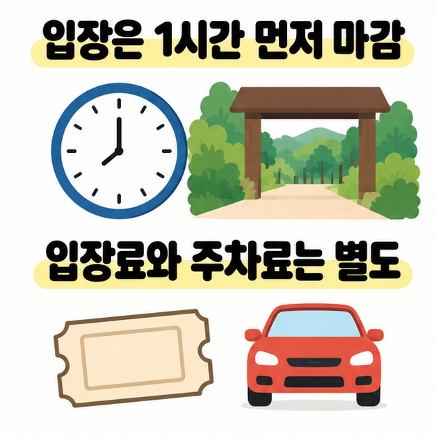 입장은 1시간 먼저 마감하고 입장료와 주차료는 별도라는 문구와 함께 시계, 숲 입구, 입장권, 자동차를 그린 안내