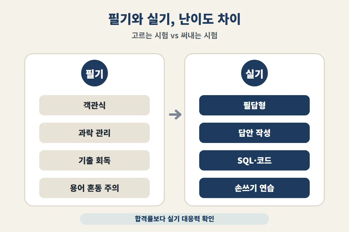정보처리산업기사 난이도에서 필기는 객관식과 과락 관리, 실기는 필답형과 답안 작성 능력이 핵심임을 비교한 이미지