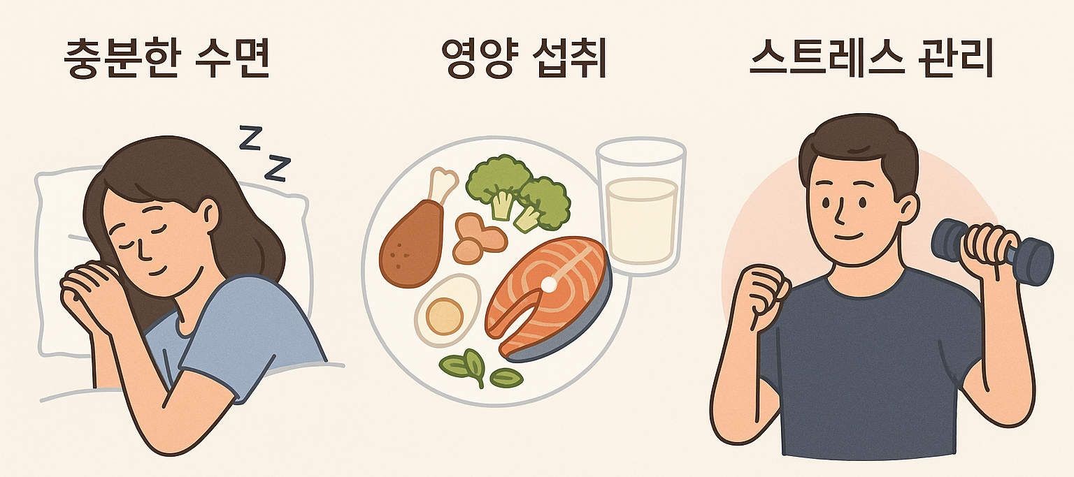 탈모방지를 위해 충분한 수면을 취하고 영양섭취와 스트레스 관리를 하는 이미지