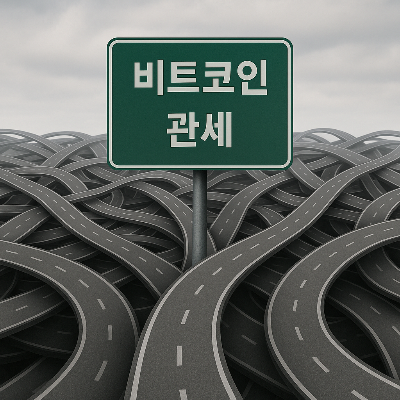 복잡하게 얽힌 여러 갈래로 나뉜 도로 표지판 이미지. 중심에는 비트코인과 관세 키워드가 있음