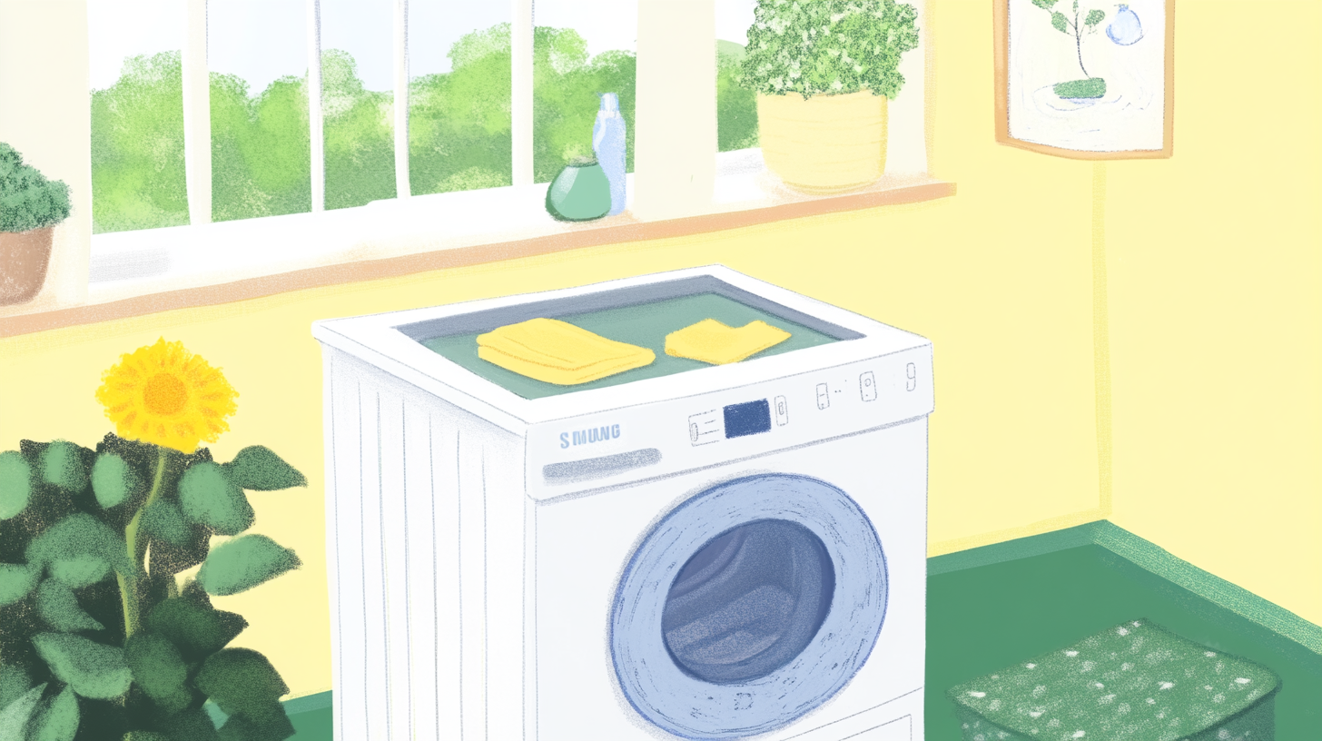 에너지 효율성과 환경적 이점을 강조하는 친환경적인 삼성 세탁기의 모습입니다. 자연 조명을 사용하여 녹색 톤이 돋보입니다.
