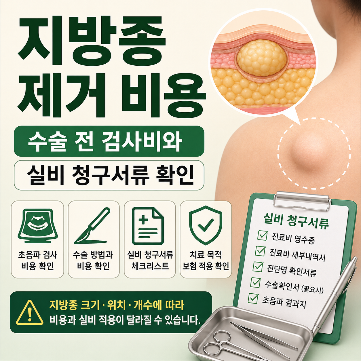 지방종 제거 비용과 초음파, 조직검사, 실비 청구서류를 확인하는 카드형 대표 이미지