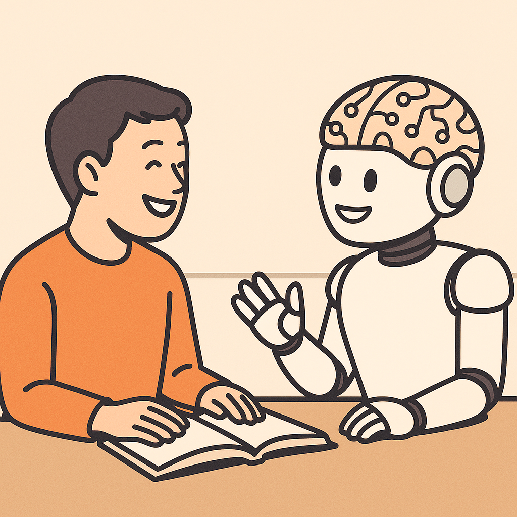 책을 펴고 AI 로봇과 웃으며 대화 중인 남성의 일러스트, 테이블에 마주 앉은 장면