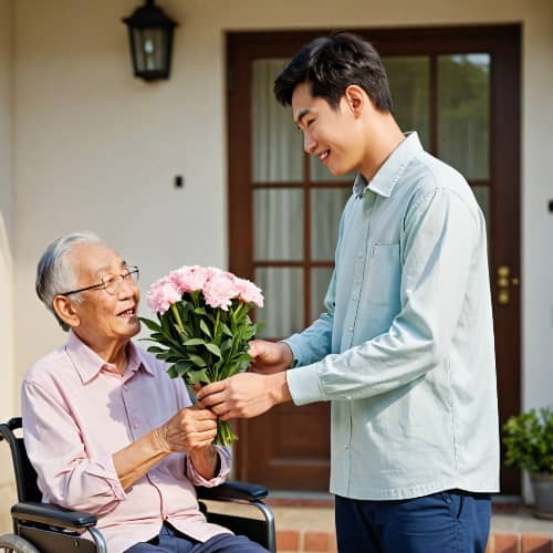 아버지에게 카네이션 꽃다발을 선물하는 아들