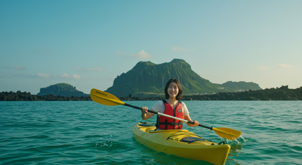 제주 에메랄드 바다 위 카약을 타며 미소 짓는 한국 여성