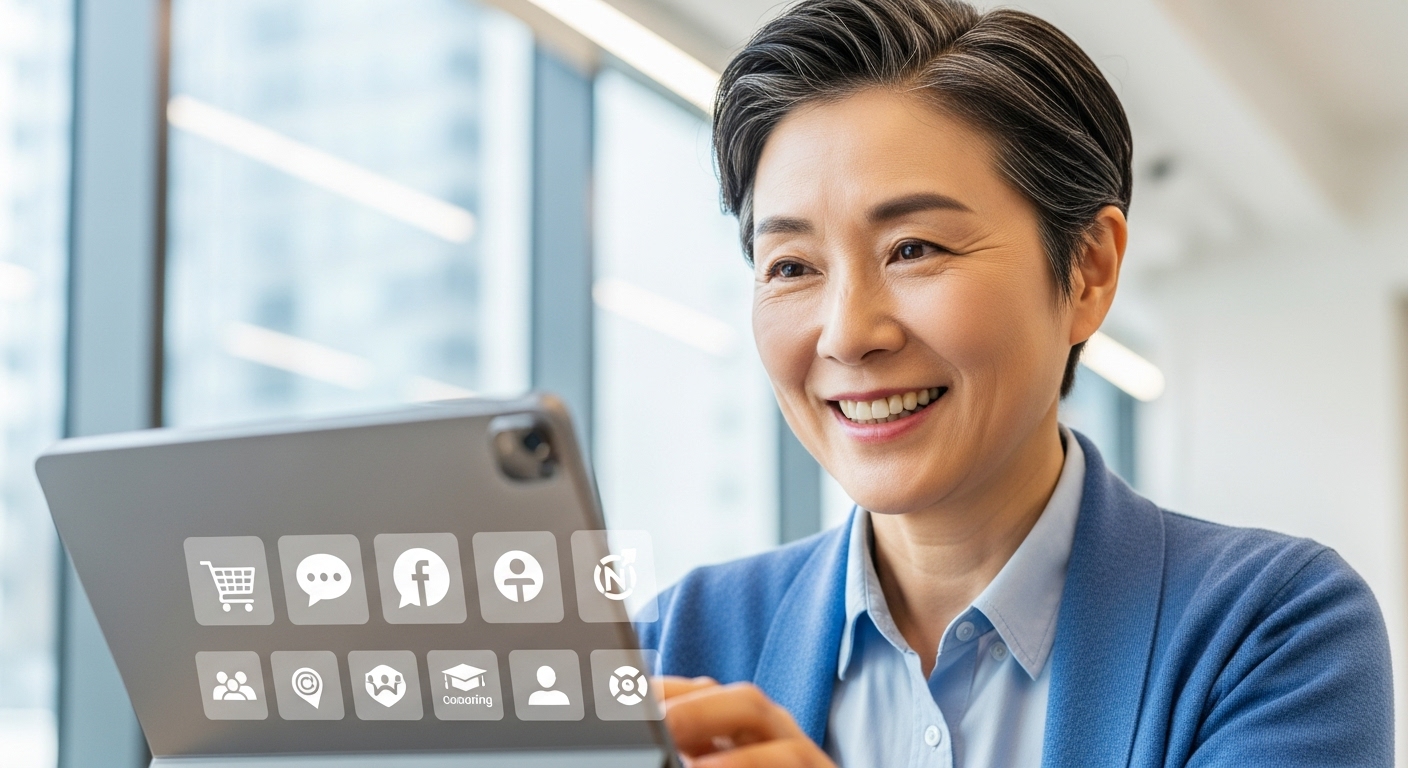 50대 후반 한국인이 태블릿으로 온라인 마켓플레이스나 SNS를 활용하며 디지털 N잡을 성공적으로 수행하는 모습.