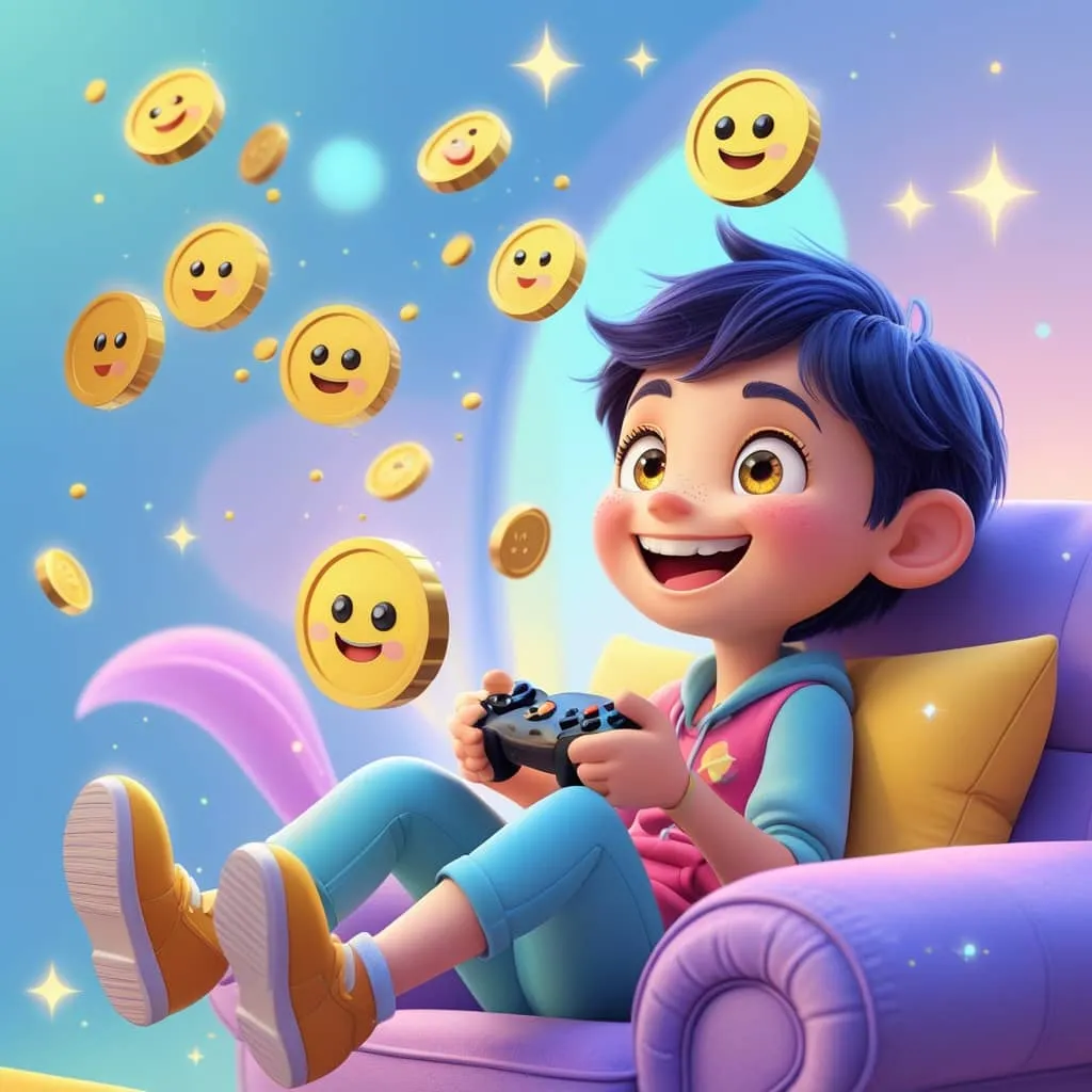 게임파이의 중심인 사용자의 모습. 쇼파에 느긋하게 앉아서 블록체인 게임을 즐기고 있는 모습의 이미지.