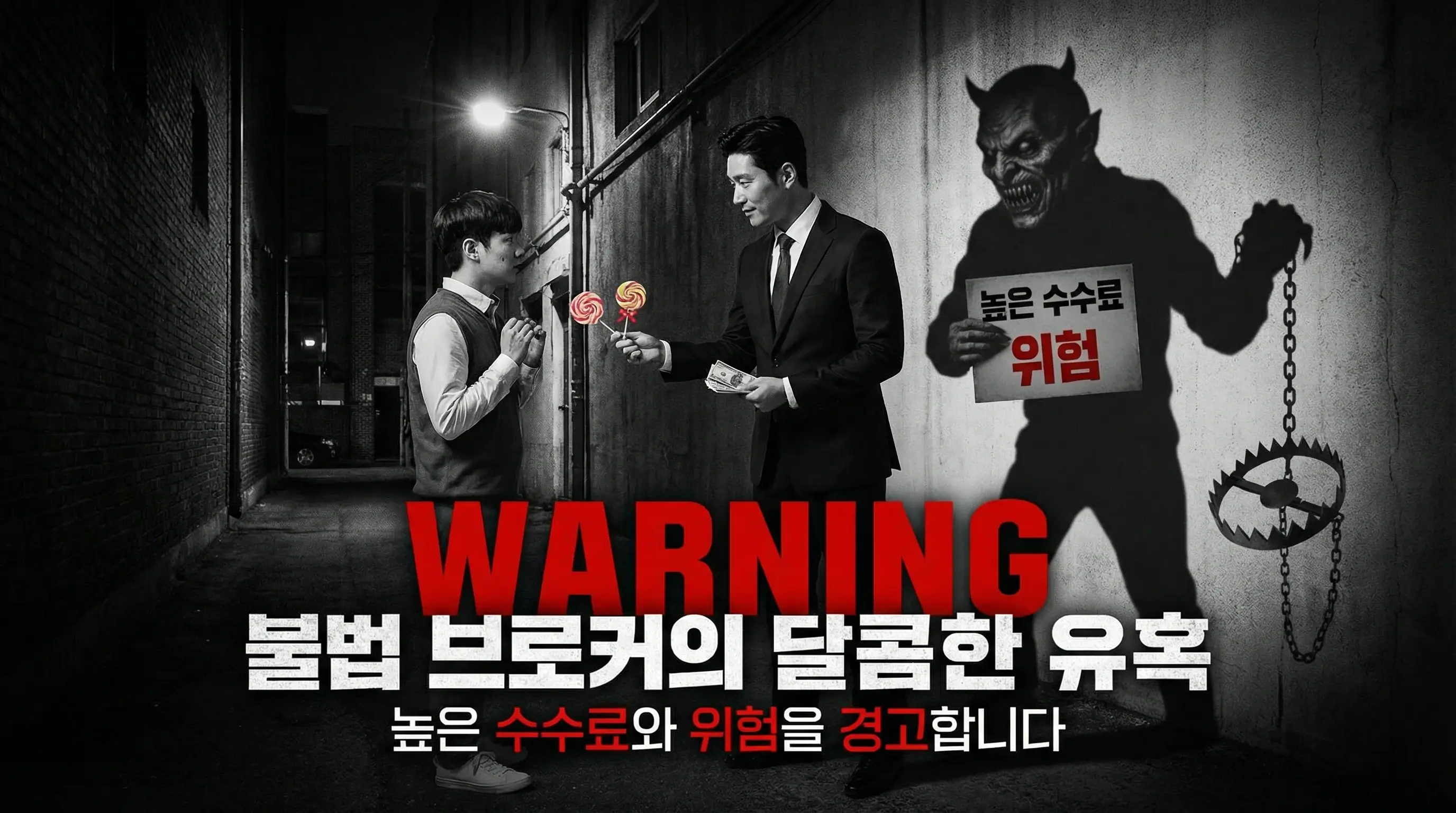 불법 브로커의 달콤한 유혹 뒤에 숨겨진 높은 수수료와 위험을 경고하는 이미지