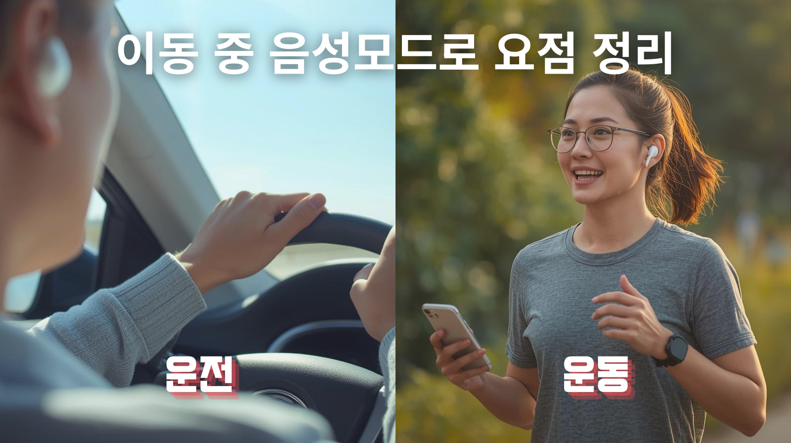 좌측에 이어버드를 활용해 운전 중 AI와 대화하는 사진과 우측에 야외 산책 중 이어버드를 착용하고 음성모드를 활용하는 모습의 사진