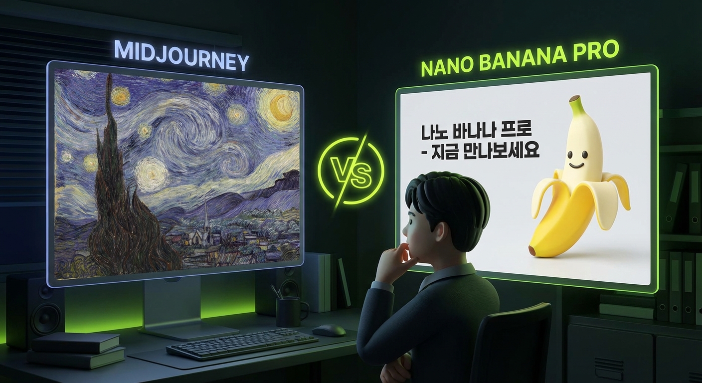 예술적인 미드저니와 실용적인 나노 바나나 프로 사이에서 고민하는 창작자의 모습을 표현한 비교 이미지