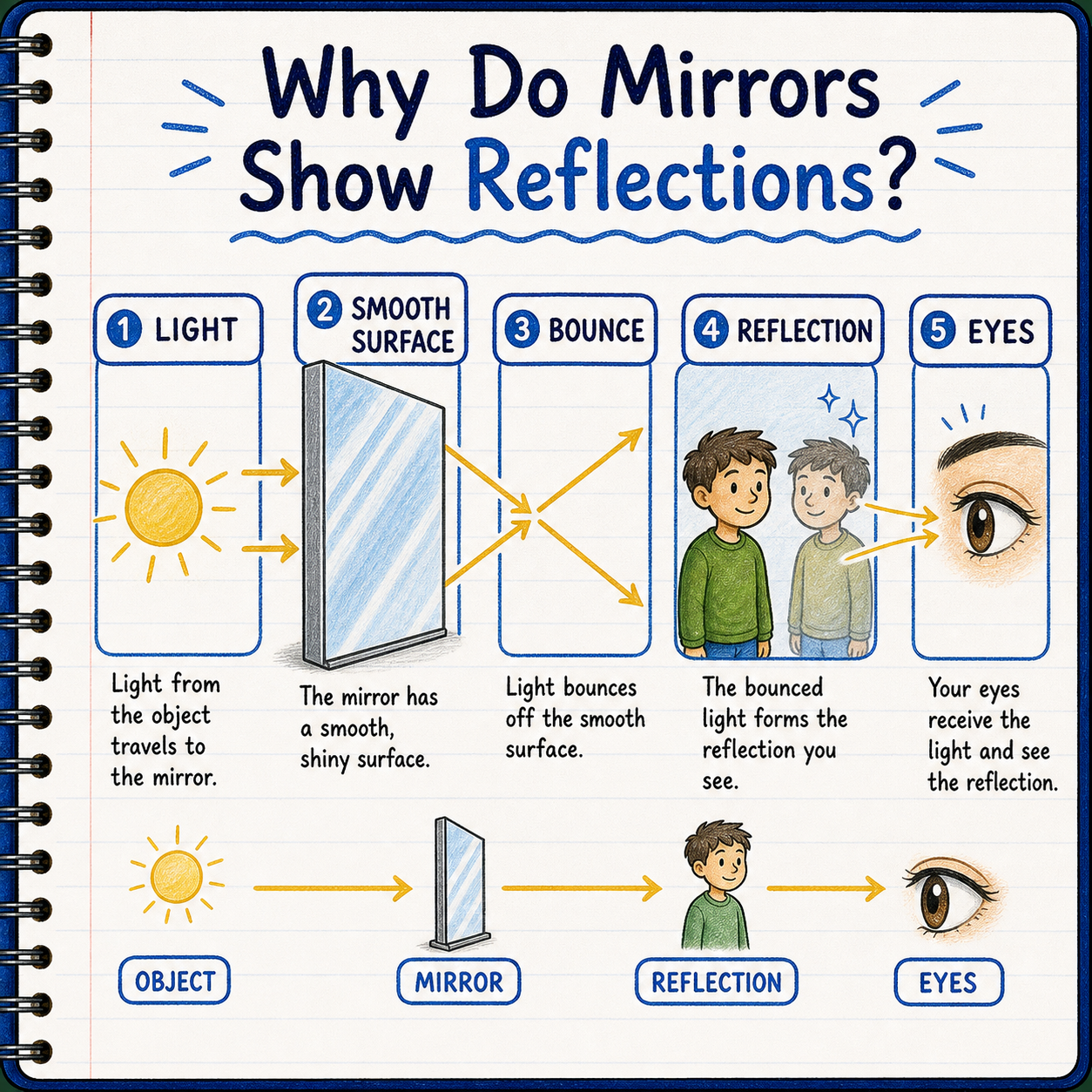 Infographic explaining light, smooth surface, bounce, reflection, and eyes